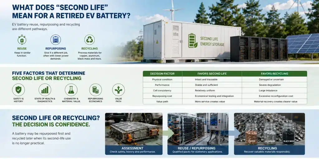 EV Battery Second Life vs Recycling When to Reuse, Repurpose or Recycle a Retired Pack